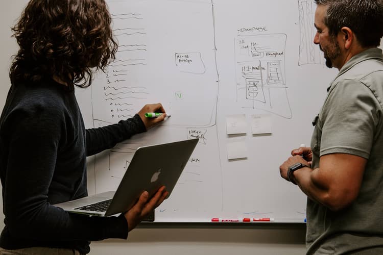 Two people drawing on a whiteboard