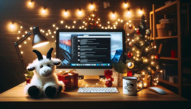 Goat stuffed animal sitting at computer screen