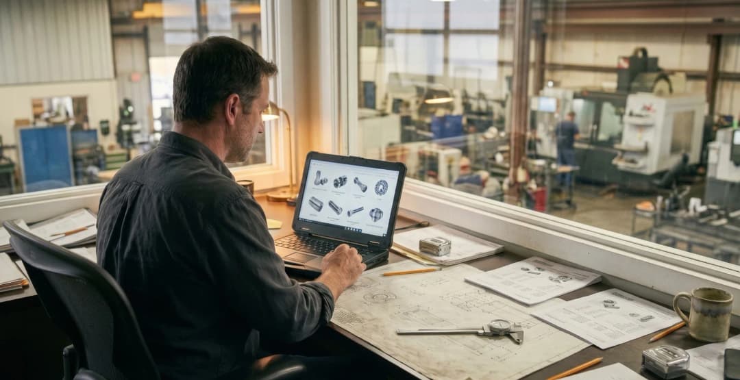 Operations manager reviewing a product catalog website on a laptop in a manufacturing plant office