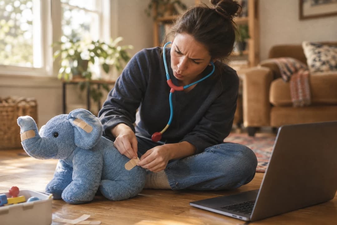 A woman with a toy stethoscope putting bandages on a blue plush elephant, the PHP mascot, next to a laptop