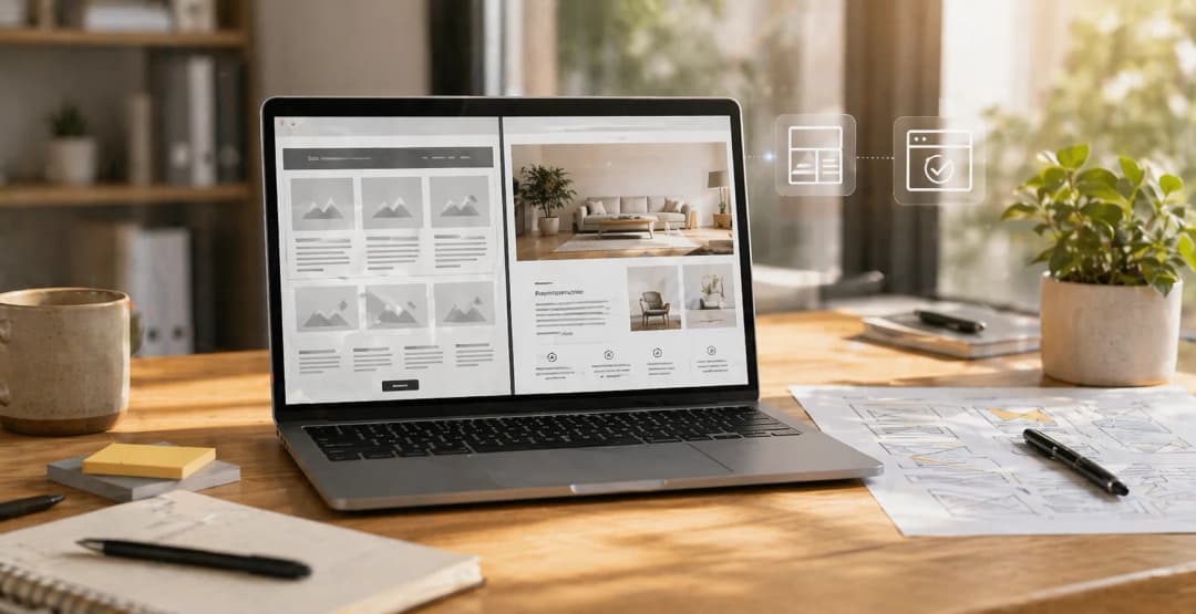 Laptop screen comparing a generic website template with a custom website design