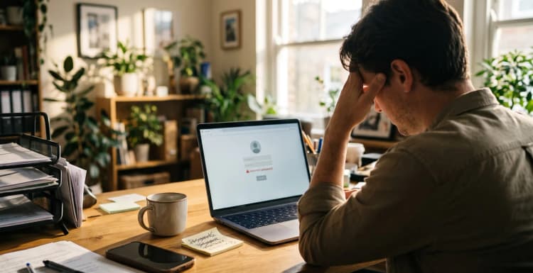 Frustrated business owner locked out of their website login at a home office desk