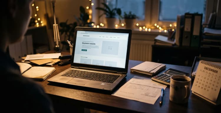 Laptop showing a business website on a desk with an invoice, calculator and December calendar at year-end